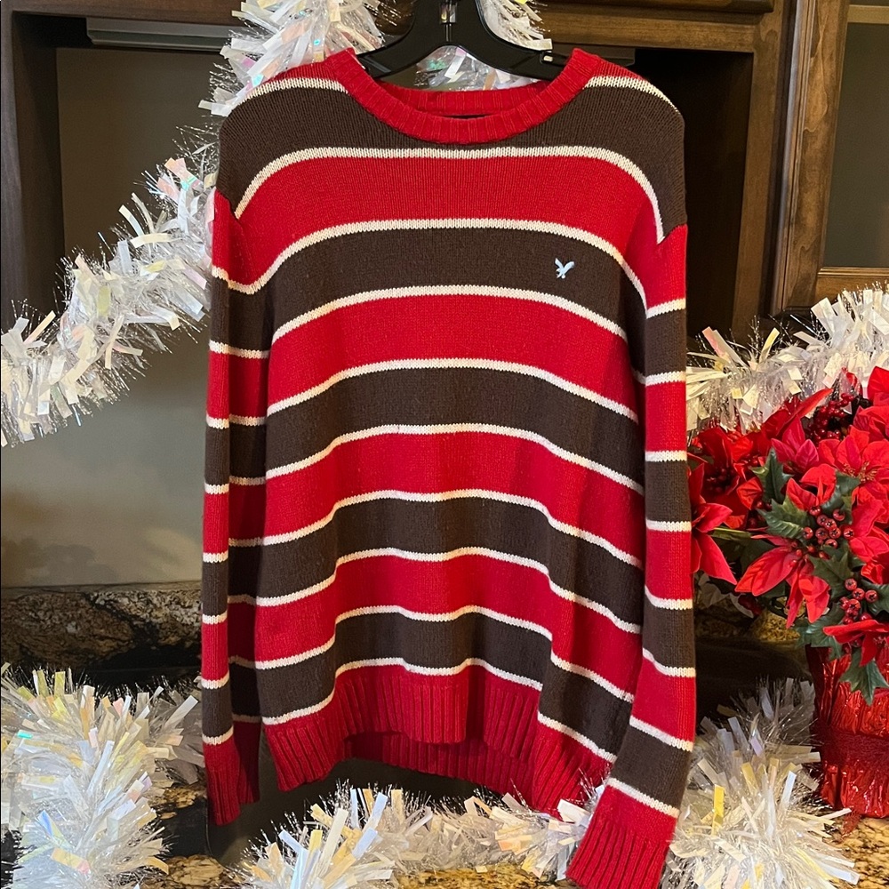 American Eagle Mens Cotton Wool Red Brown Striped Sweater